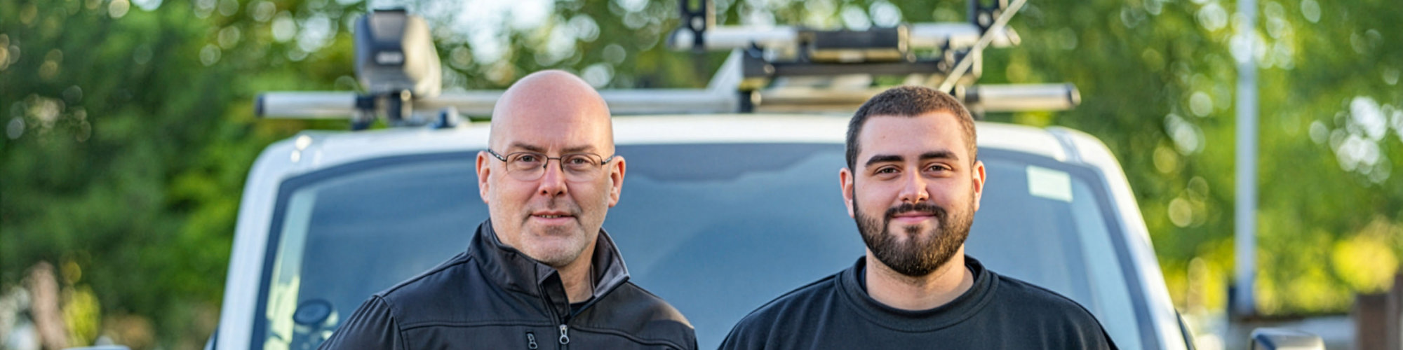 two colleagues standing in front of a Bromford van