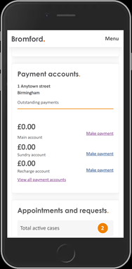 Mobile mock up of payments account page of new customer portal. It shows the layout of the customer address, main account, sundry account, recharge account and where to click to make a payment.