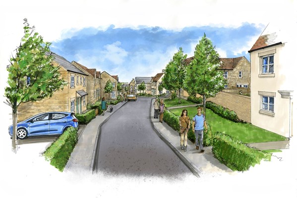 Artists impression of a street scene with man and woman walking the new homes at Winchcombe