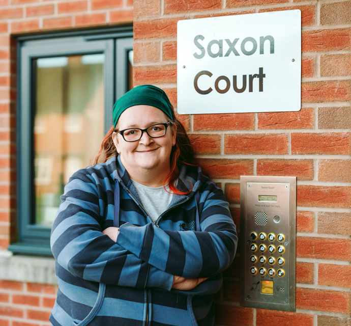 MyPlace customer, Kerry stood outside MyPlace, Saxon Court