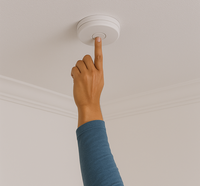 Hand testing a smoke alarm