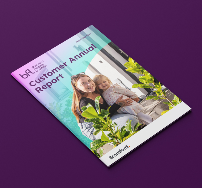 A prospective 3D print document mockup titled "Customer Annual Report" dated September 2026, set against a dark purple backdrop. The cover features a photo of a woman holding a young child in an outdoor setting, with branding for "bfl" (Bromford, Flagship, LiveWest) at the top left and the Bromford logo at the bottom right corner.
