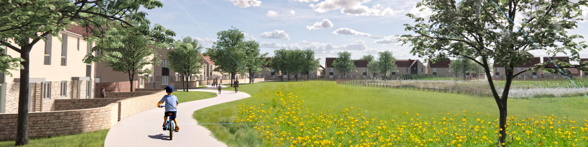 Artists impression of a child riding their bike in an area where there is houses and greenery